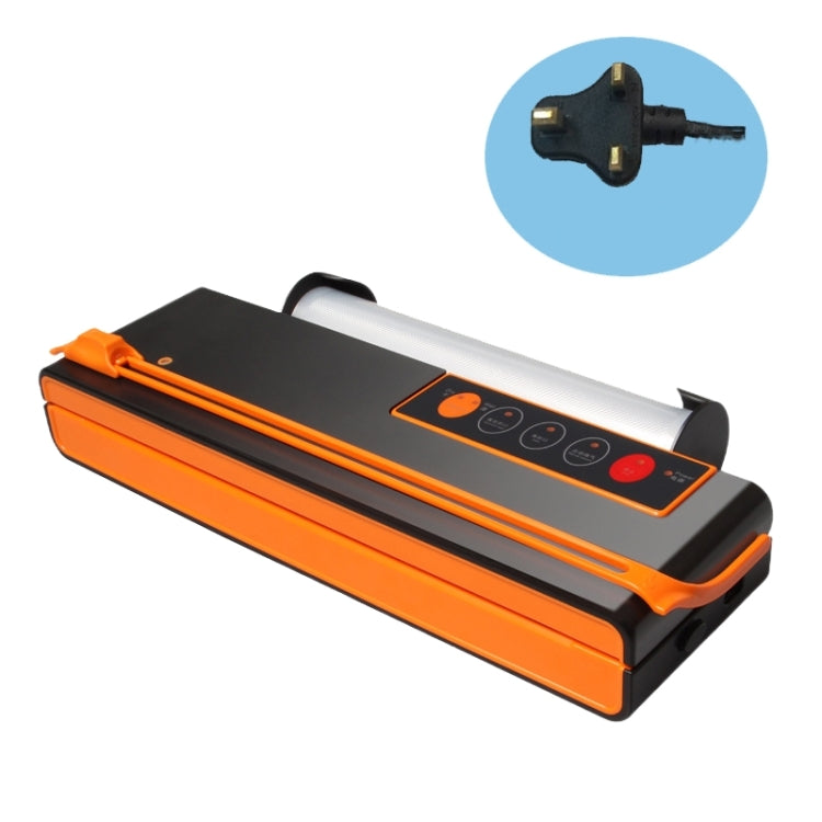 Orange and black vacuum food sealer with two-prong power plug inset