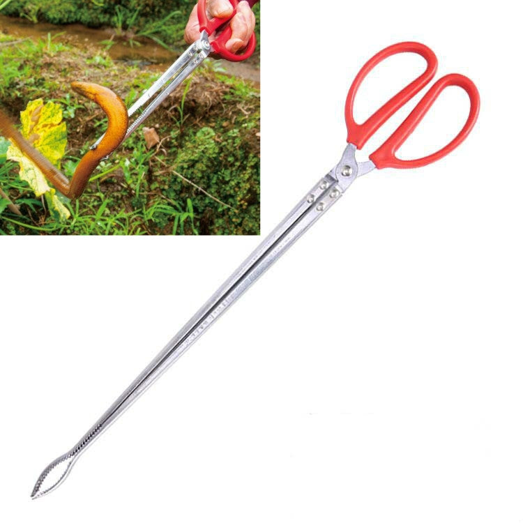 Red-handled fish control tongs with long metal shaft and pointed serrated ends