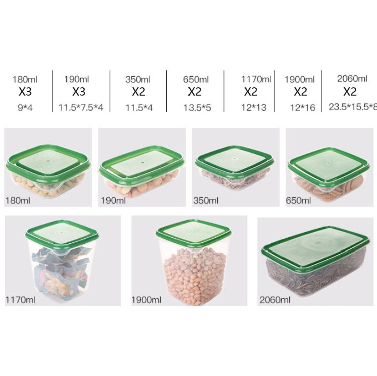 Assorted clear storage containers with green lids, showing capacity labels in ml