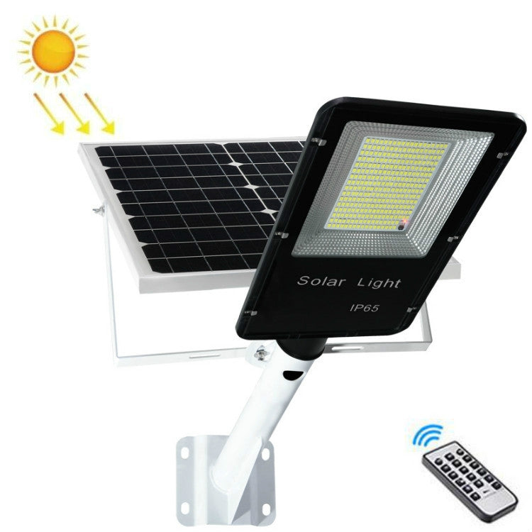 Solar street light with black LED head, solar panel, white pole mount, and remote icon.