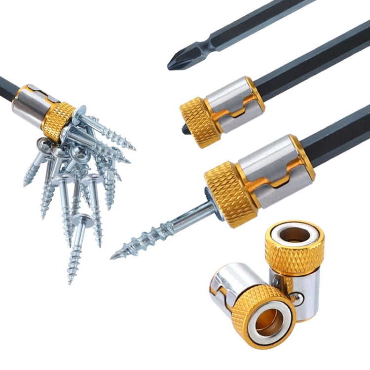 Magnetic screwdriver bit set with two bits, screw tips, and gold ring sleeves