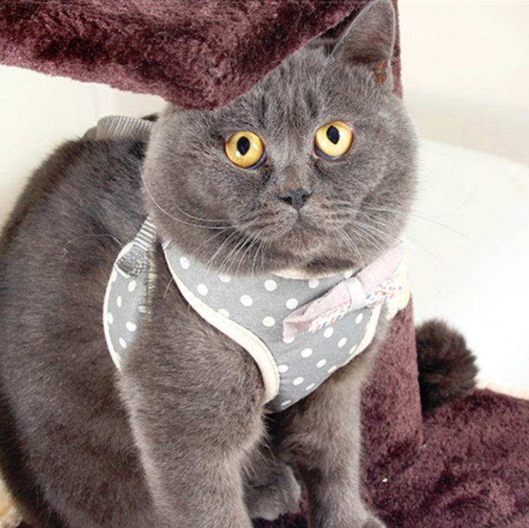 Pet traction rope chest harness vest, gray polka-dot fabric with light bow and button details