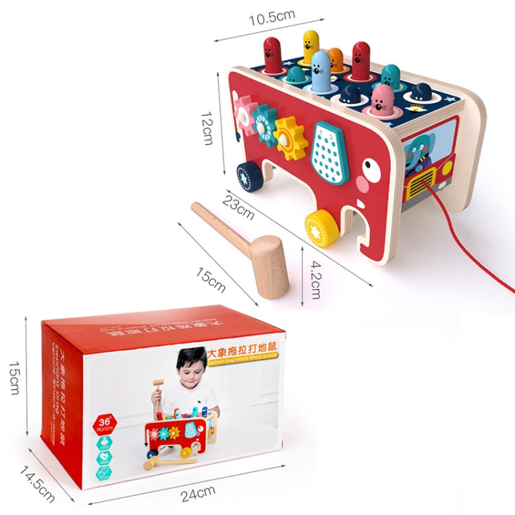 Red wooden percussion pull-along cart toy with animal pegs and included retail box