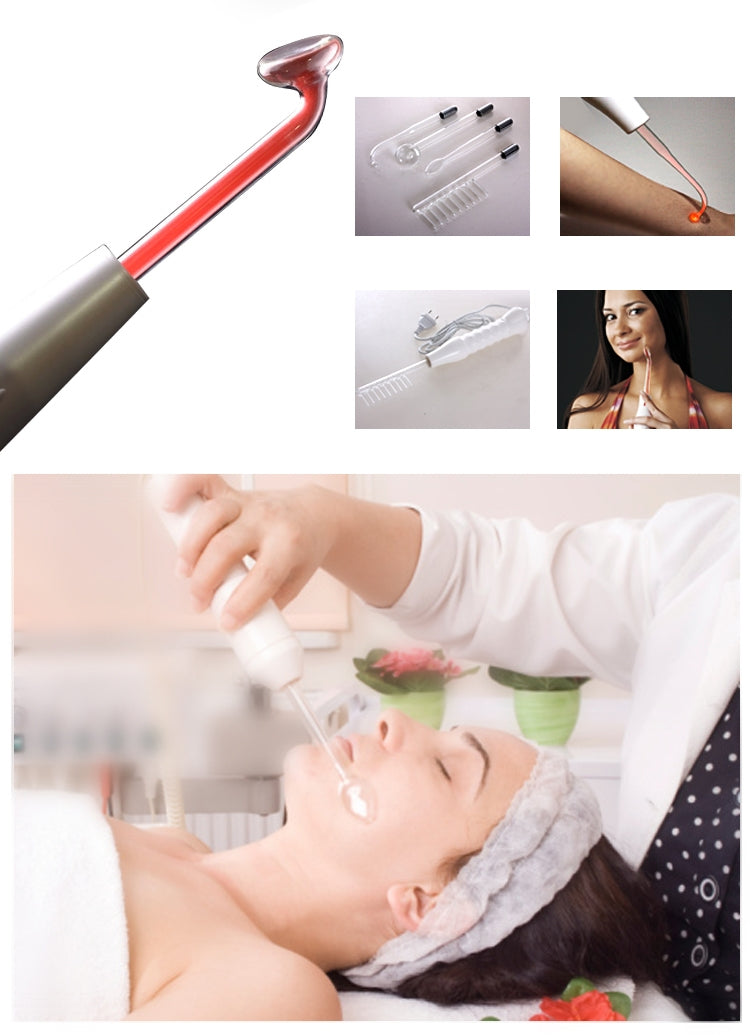 Handheld high frequency glass tube wand touching face during beauty spa treatment