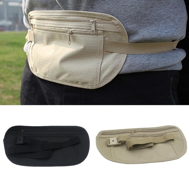 Beige and black waist belt bags with zippered front pocket and adjustable strap