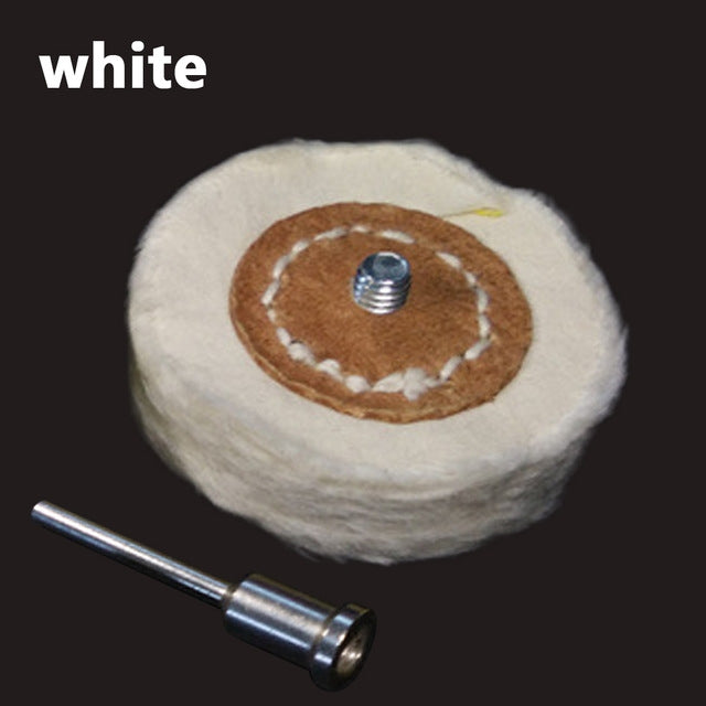 White cloth rotary buffing wheel with threaded center stud and metal shank