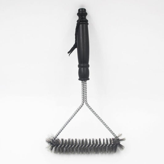 Grill brush with black handle and rounded wire bristle scrub head for grate cleaning