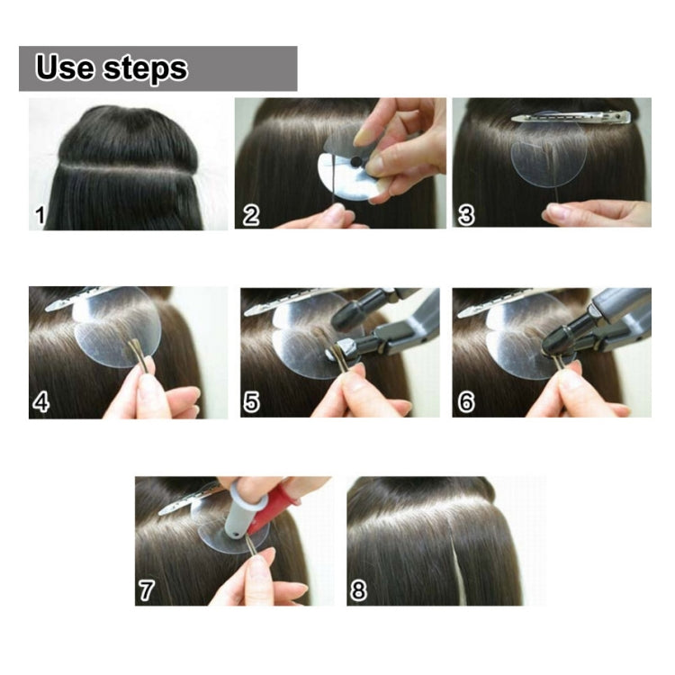 Hair extension insulation film shown in 8-step setup with hands and wig pieces
