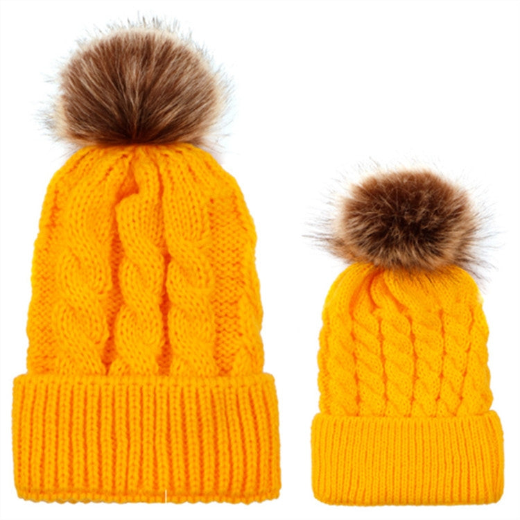 2-piece knit beanie set: yellow cable-knit caps with brown faux-fur pom-poms