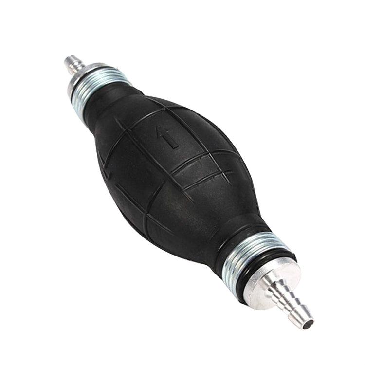 Black manual gasoline fuel pump with threaded metal ends and angled outlet nozzle