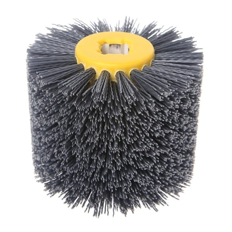 Abrasive wire wheel with yellow mounting hub and gray wire bristle disc