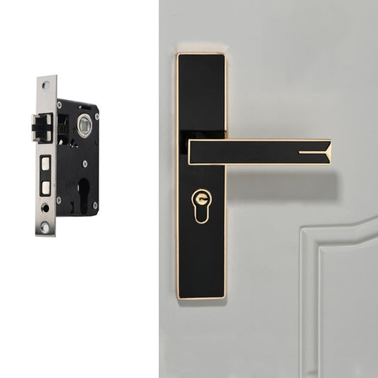 Black interior door lever lock with long plate and gold-tone accents