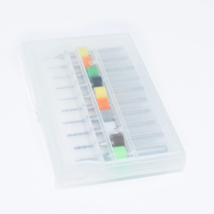Mini PCB drill bit set in clear plastic organizer case, drill bits visible