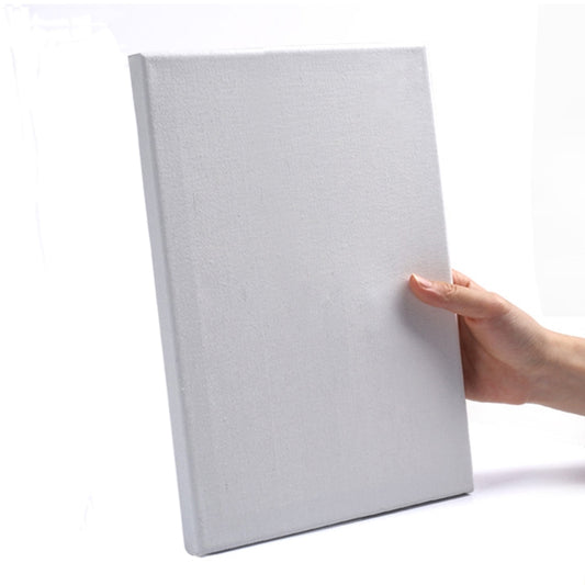 Wood-framed canvas panel, blank light gray/white, held upright by hand