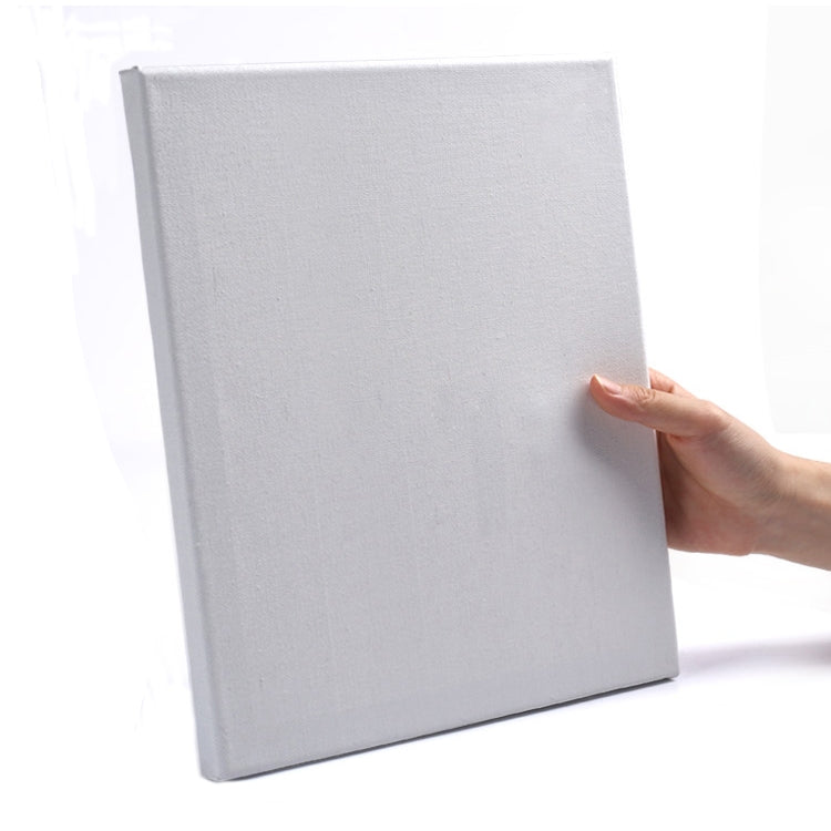 Wood-framed blank canvas panel in light gray/white, right-edge grip by hand