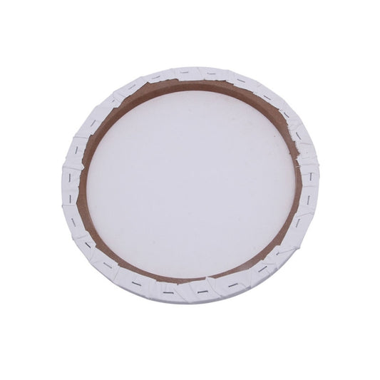 Round canvas board back view with white fabric edge and brown wooden rim.