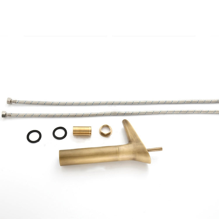 Brass waterfall bathroom faucet with mounting parts and braided supply hoses