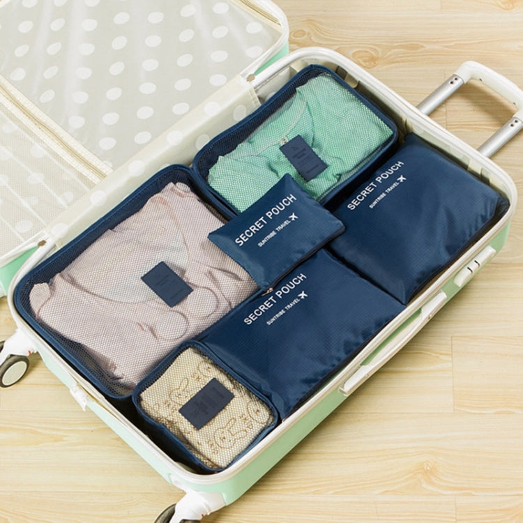 6-piece travel packing cube set with mesh pouches, navy and light gray compartments
