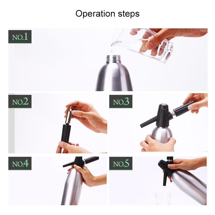 Soda siphon operation steps showing black CO2 nozzle on metal cylinder bottles