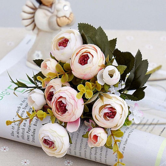 1 Bundle Retro Tea Roses Bride Bouquet Artificial Flowers, White, Light Pink, Red, Yellow, Gray Blue, Dark Pink, Light Purple