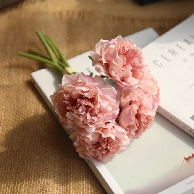 Light pink artificial peony flower bouquet with 5 blooms and green stems