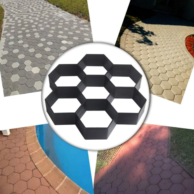 Hexagonal paving stones with multi-color pattern; inset shows a black hex plastic mold