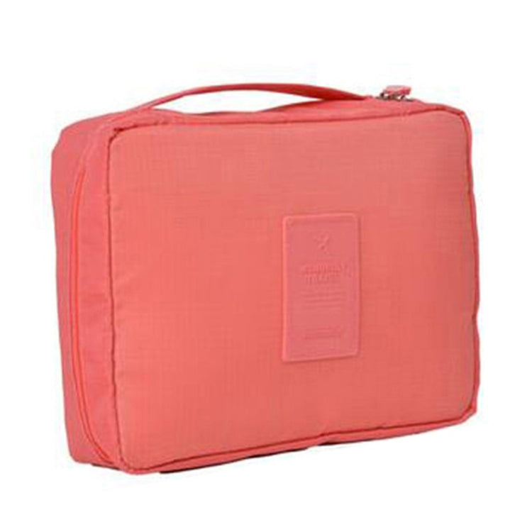 Coral red cosmetic toiletry organizer bag with top handle and front label patch
