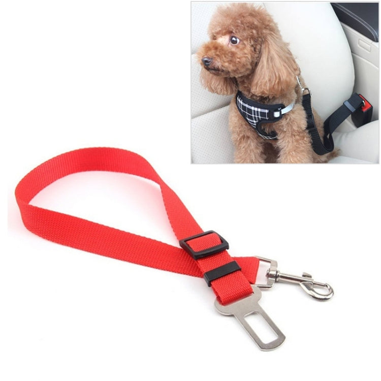Pet car safety belt with metal swivel clip, red nylon strap