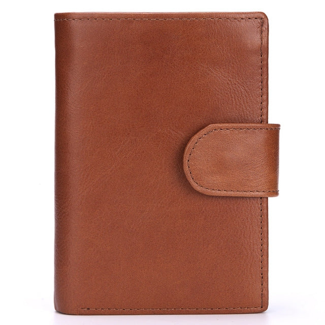 Light brown genuine leather short wallet with snap flap and rounded side pocket tab