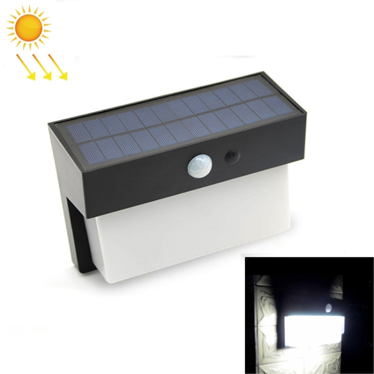 Black solar landscape wall light with rectangular solar panel and round motion sensor lens