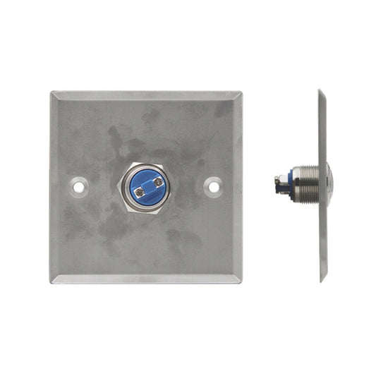 Stainless steel exit button base with blue terminal screw and mounting holes