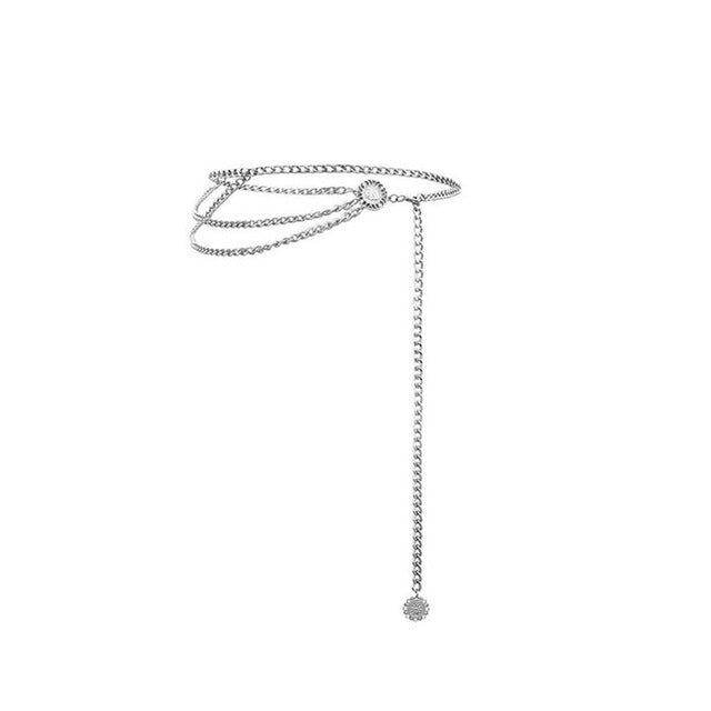 Silver high-waist chain belt with round center clasp and long fringe drop