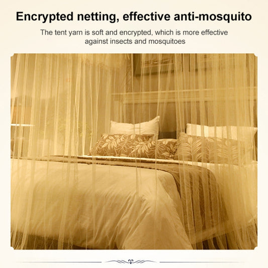 Retractable three-door mosquito net canopy with fine mesh and lace border in beige