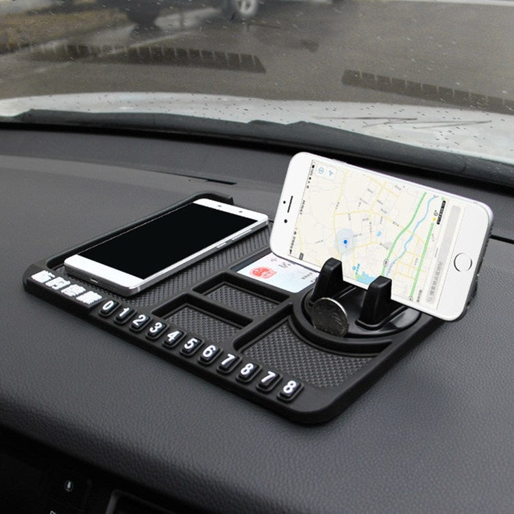 Car dashboard storage pad with phone holder and anti-slip mat, black rotating accent ring