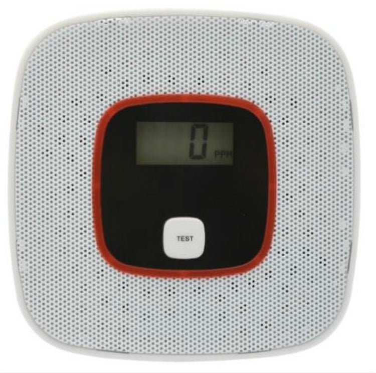 White carbon monoxide detector with red border and LCD display, TEST button