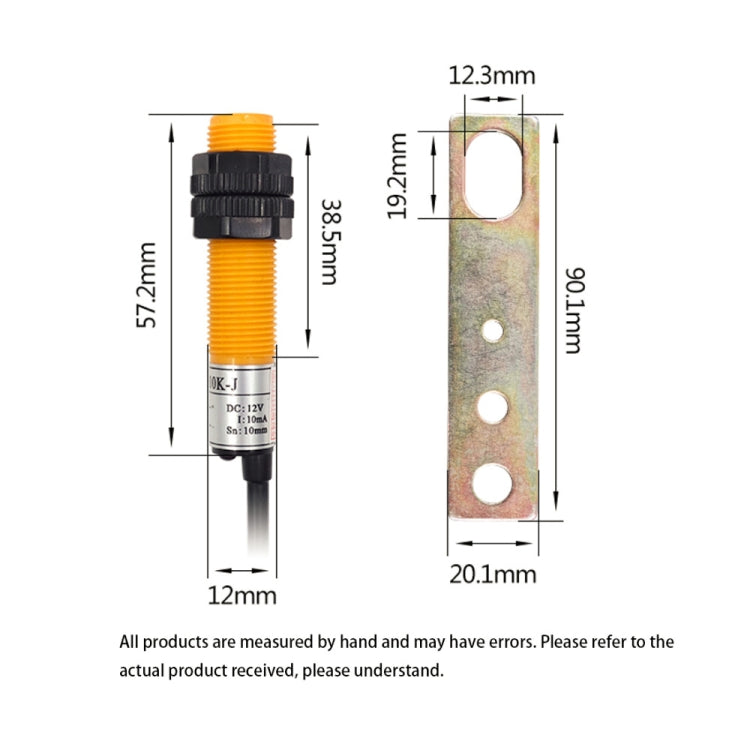Orange induction push sensor with mounting plate shown with size dimensions