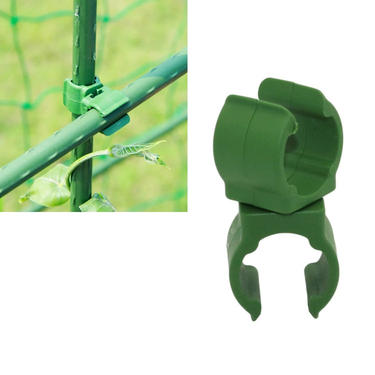 Green plastic tube clamp bracket installed on a round garden pole
