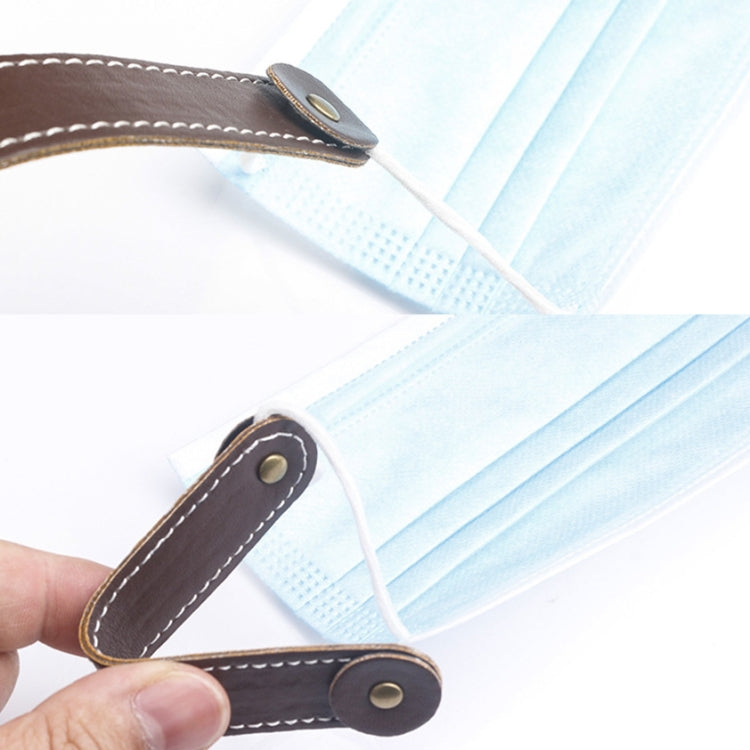 PU leather face mask ear strap extension, brown band with snap and attached ear rope