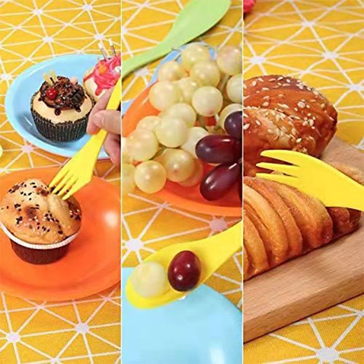 Colorful camping forks on desserts and snacks, set of portable prong utensils