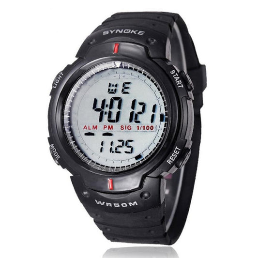 Men's waterproof SYNOKE LED sports watch with black strap and round LED digital display