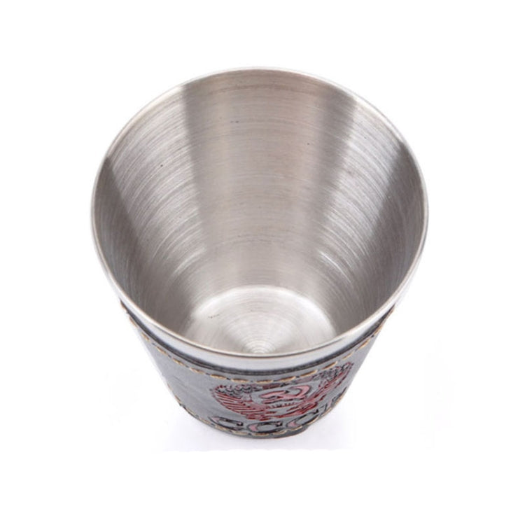 Stainless steel cup interior with rim, showing red logo on black leather sleeve