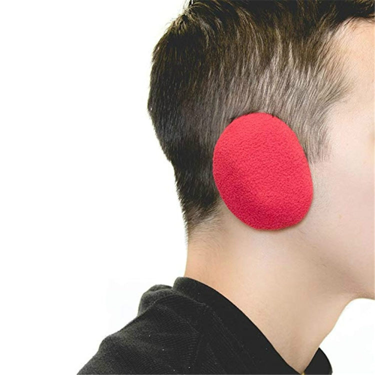 Red round bandless earmuff ear cover with soft foam, worn on side of head