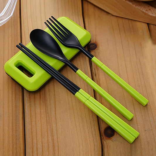 3 in 1 ABS Folding Dinnerware Cutlery Fork Chopsticks Set with Storage Box Outdoor Camping Hiking Traveling Tableware Set