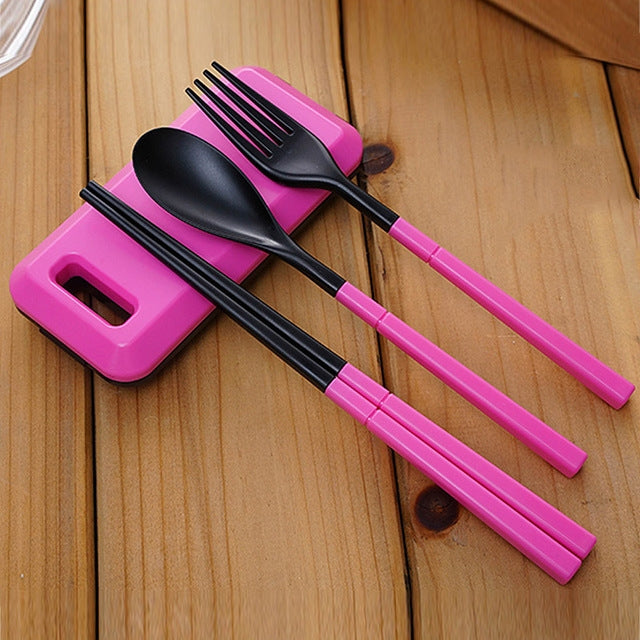 Pink folding cutlery set with storage box and spoon, fork, chopsticks