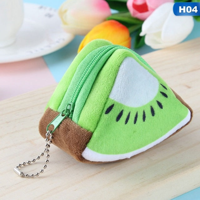 Kiwi slice plush coin purse with zip closure, green face print, and chain strap