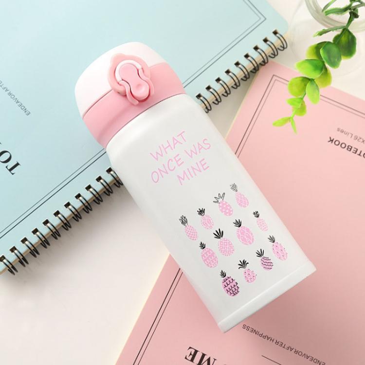 Insulated travel thermos mug in pink/white with lid, pineapple print and 'what once was mine' text.