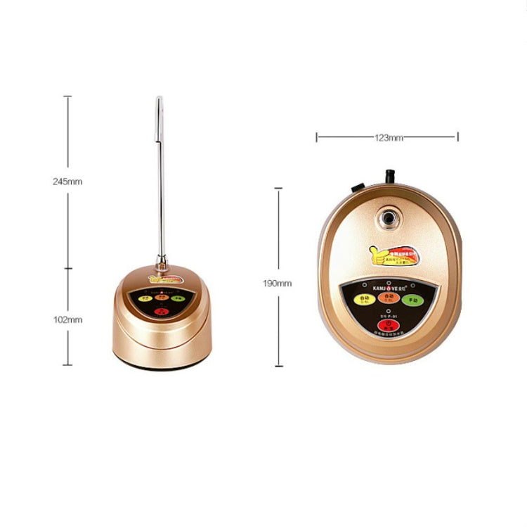 Gold automatic water dispenser with tall spout and round control panel, size diagram