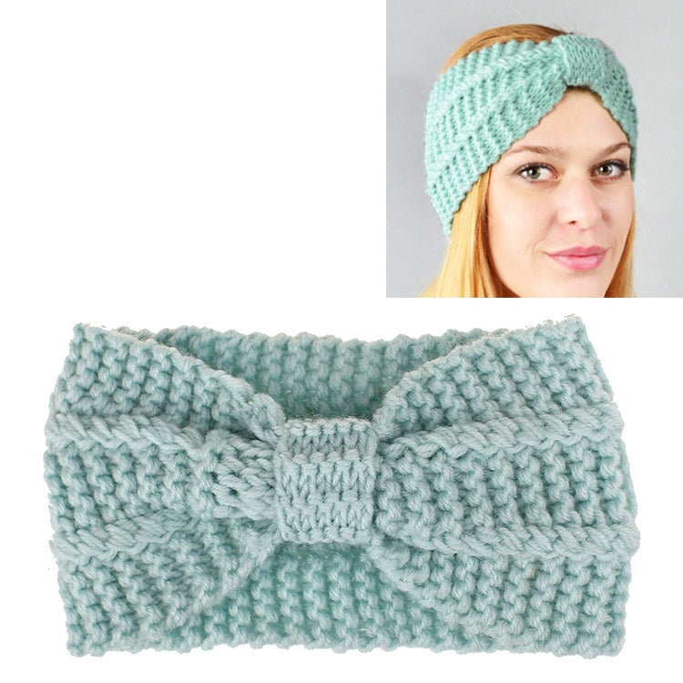 Chunky knit headband turban with bow, light teal wide stretch hair wrap