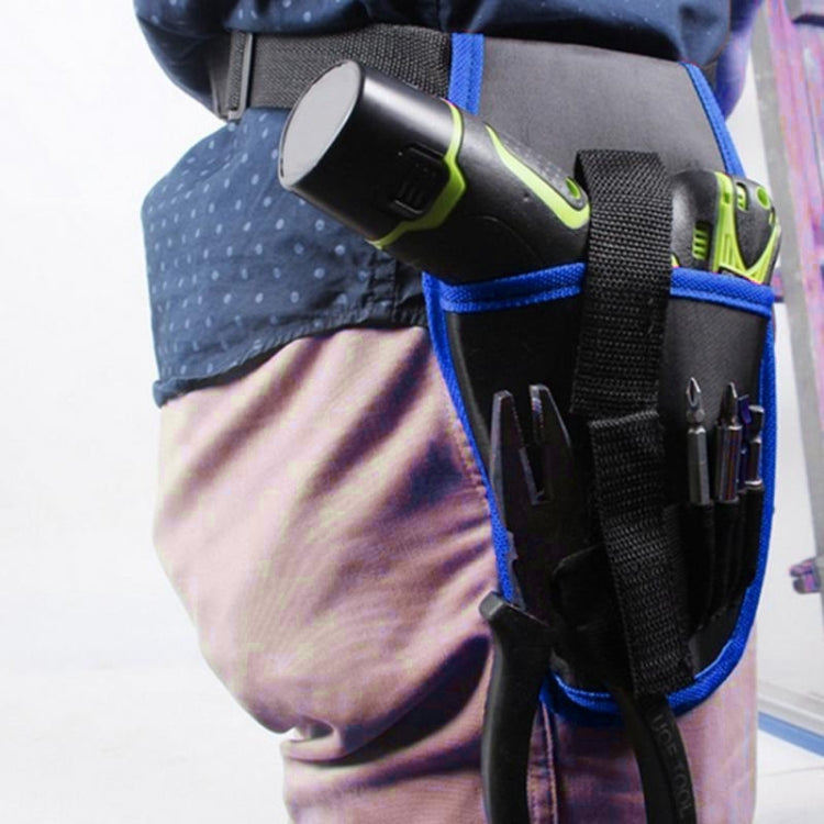 Waist tool belt pouch with black fabric, blue trim, and slots for drill tools