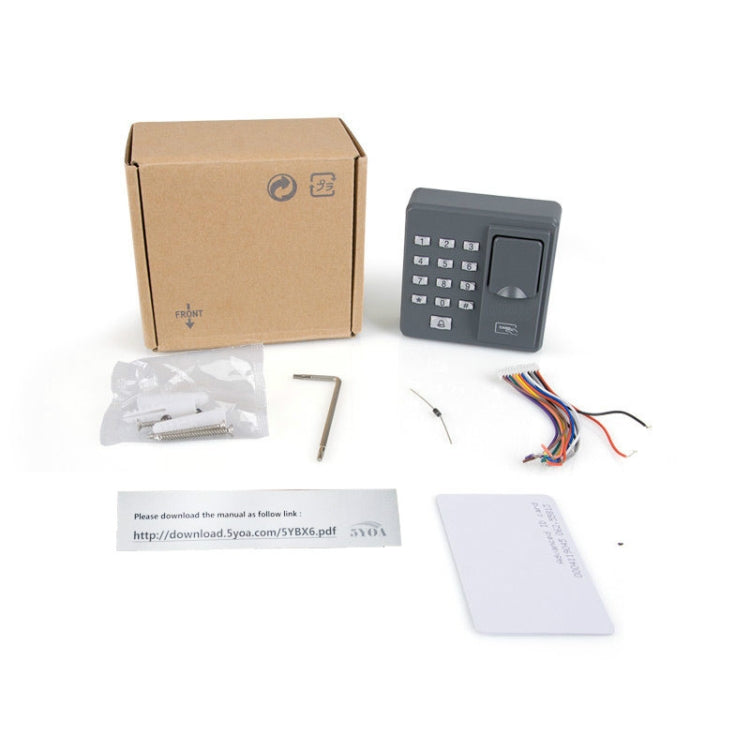 ZKTeco access control device kit with box, cards, cables, and mounting parts